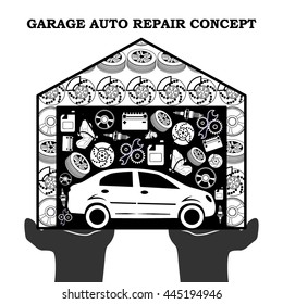 Auto Repair Services black concept with car icons and spare parts in the garage in the stretched out palms isolated on white background. Vector illustration