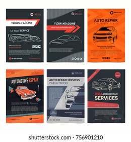 Auto repair Services business layout templates set, automobile magazine cover, auto repair shop brochure, mockup flyer. Vector illustration.