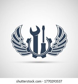 Auto repair shop icon. Industrial tool wrench and screwdriver with wings. Vector logo.