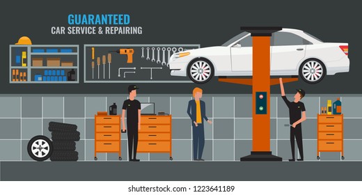 Auto repair shop interior with mechanics or masters working and fixing cars, professional service. Car on the lift. Vector illustration.