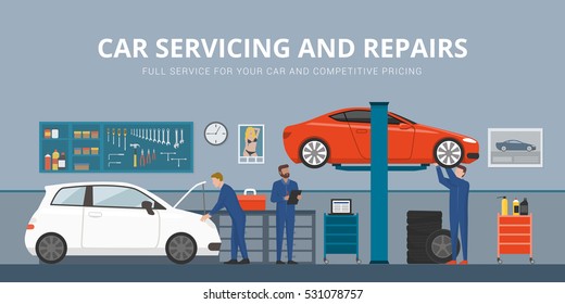 Auto repair shop interior with mechanics working and fixing cars, professional service concept