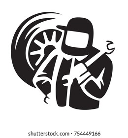 Auto repair shop logo, repairman silhouette, profession, isolated, vector