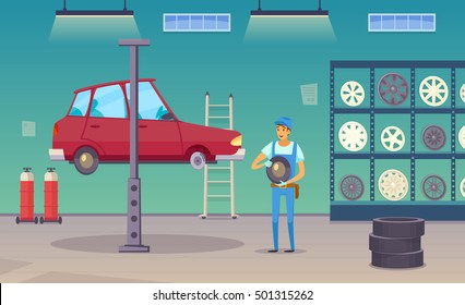 Auto Repair Shop Service Worker Replaces Damaged Tyre And Changing Wheels With Car Lift Poster Vector Illustration  