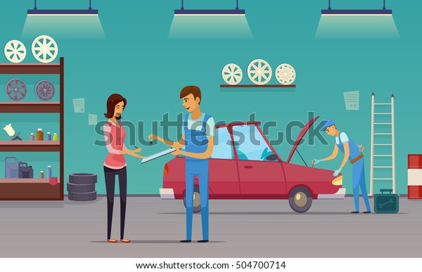 Auto repair shop service workers fixing car and billing\
customer retro cartoon indoor composition poster vector\
illustration 