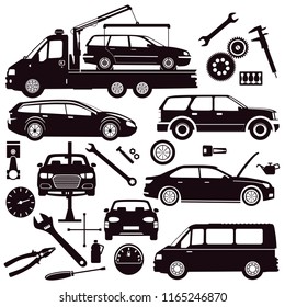 Auto repair shop with tools, icon