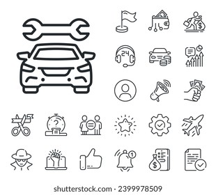 Auto repair sign. Salaryman, gender equality and alert bell outline icons. Car service line icon. Garage service symbol. Car line sign. Spy or profile placeholder icon. Online support, strike. Vector