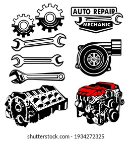 Auto repair with spare parts and engine icons vector.
