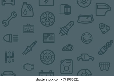 Auto repair texture, car parts icons dark seamless icon pattern backround. Vector texture for website, mobile app, presentation.