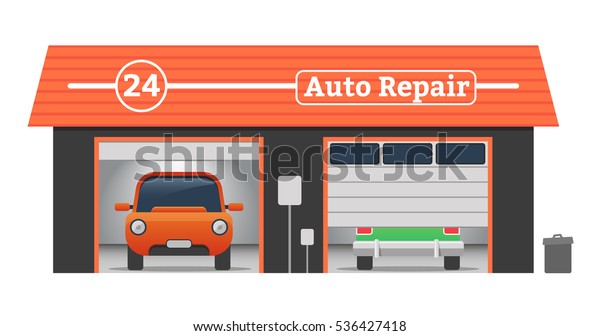 Auto repair Vector flat garage concept. Car tuning,\
auto repair, battery charging, autocorrect, auto painting. Cars in\
garage, car wash