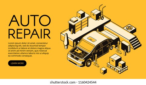 Auto repair vector illustration of car service advertisement poster. Garage station car lift and tools for vehicle mechanic diagnostic in isometric black thin line design on yellow halftone background