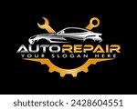 auto repair vector logo badge emblem design template isolated on black background with wrench and gear wheel modern premium design