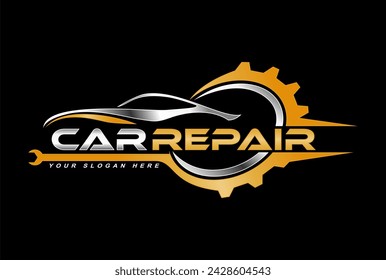 auto repair vector logo badge emblem design template isolated on black background with wrench and gear wheel modern premium design