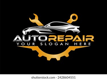 auto repair vector logo badge emblem design template isolated on black background with wrench and gear wheel modern premium design