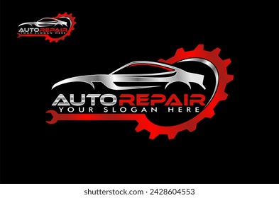 Auto Reparatur Vektor-Logo-Abzeichen Emblem Design-Vorlage isoliert auf schwarzem Hintergrund mit Schraubenschlüssel und Zahnrad Modernes Premium-Design