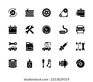 Auto repair vector silhouette icons set. Car service. time, radiator, wheel, toothed belt, engine, battery, tool, speedometer, muffler, fuel and much more. Collection of car service icons.