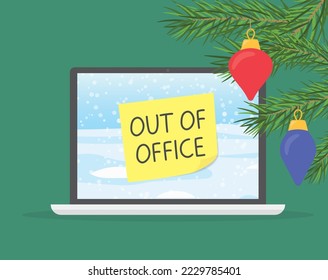 auto responder out of office written on a laptop screen; winter, christmas vacation concept - vector illustration