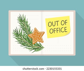 auto responder out of office written on yellow sticky note on an open calendar with fir tree twig and gingerbread cookie; winter, christmas vacation concept - vector illustration