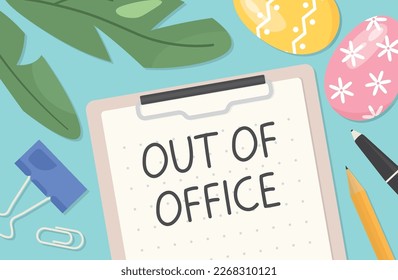 auto responder out of office written on a clipboard; spring, easter vacation concept - vector illustration