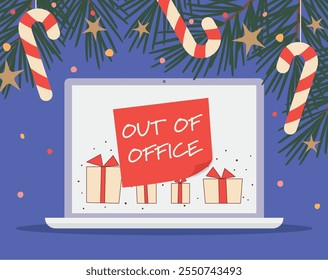 auto responder out of office written on a laptop screen; winter, christmas vacation concept - vector illustration