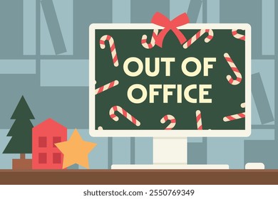 auto responder out of office written on a computer; winter, christmas vacation concept - vector illustration