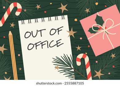 auto responder out of office written on a spiral notebook; winter, christmas vacation concept - vector illustration