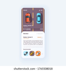 Auto review smartphone interface vector template. Automobile news mobile app page light design layout. Transport preview, presentation screen. Flat UI for application. Cars on phone display