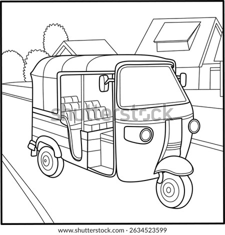 Auto rickshaw (bajaj) coloring page on a street with houses, perfect for kids' printables, Asian travel themes, and urban transport illustrations