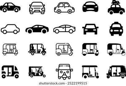 Auto Rickshaw e carro Ícone de transporte. Ilustração de vetor de ícone de linha fina simples em preto.