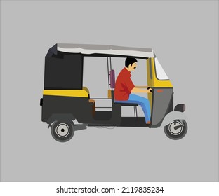 Auto rickshaw with driver 2D illustration