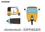 Auto Rickshaw Flat design illustration, Public Vehicles , top view, side view, front view, isolated by white background