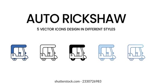 Diseño de iconos de rickshaw automático en estilo de cinco con pulsación editable. Línea, Sólido, Línea plana, Color de tono Duo y Línea de degradado de color. Adecuado para diseño de páginas Web, aplicaciones móviles, UI, UX y GUI.