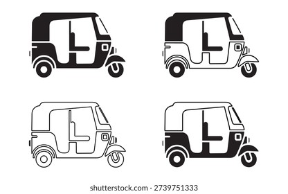 Auto Rickshaw Icon Set in Black and White, Tuk Tuk Three Wheeler Silhouette and Outline Vector Illustration, Urban Transport Vehicle Symbol Collection Isolated on Light Background