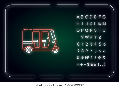 Auto rickshaw neon light icon. Tuk-tuk. Indian transport. Traditional vehicle. Three-wheeler. Outer glowing effect. Sign with alphabet, numbers and symbols. Vector isolated RGB color illustration