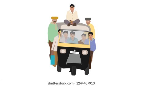 Auto Rickshaw Overloaded with people Ride vector illustration