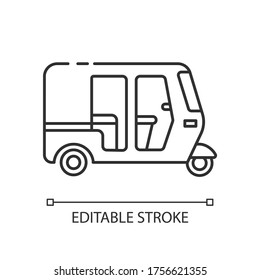 Icono lineal perfecto del píxel de rickshaw automático. Tuk-tuk. Transporte indio. Vehículo tradicional. Ilustración personalizable de línea delgada. Símbolo de contorno. Dibujo de contorno aislado del vector. Trazo editable
