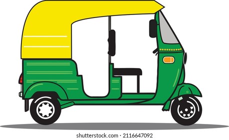 Auto-Rikscha-Seite mit grüner gelber Vektorgrafik
