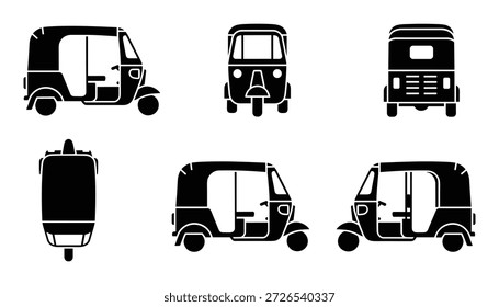 Auto Rikscha Silhouette Set. Verschiedene Ansichten von tuk tuk. Perspektive, Vorder- und Rückansicht Konstruktionselement des Fahrzeugs