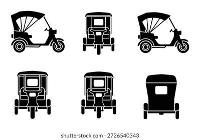 Auto Rikscha Silhouette Set. Verschiedene Ansichten von tuk tuk. Perspektive, Vorder- und Seitenansicht. Konstruktionselement des Fahrzeugs