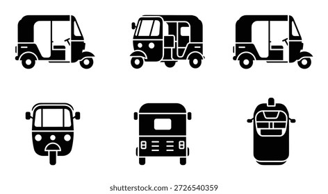 Conjunto de silueta de rickshaw automático. Diferentes vistas del tuk tuk. Perspectiva, ilustración de vista frontal y posterior. Elemento de diseño del vehículo