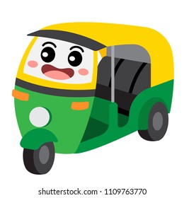 Auto Rickshaw transportation cartoon character perspective view isolated on white background vector illustration.