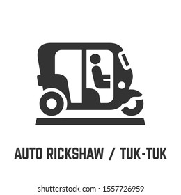 Auto rickshaw or tuk-tuk icon with asian motor bike and driver or motorized urban public transport symbol.