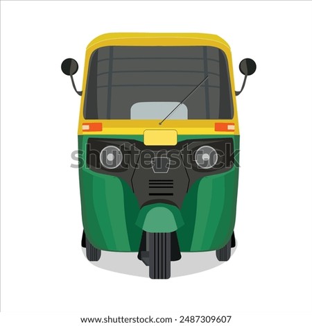 Auto rickshaw vector illustration, Tuk Tuk cab,  Indian CNG Auto Rikshaw Vector Illustration, Asian auto ricksha, baby taxi transport design, Auto rickshaw drawing Front view, city taxi, yellow green