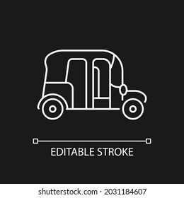 Auto rickshaw white linear icon for dark theme. Three-wheeler taxi. Passenger car equivalent. Thin line customizable illustration. Isolated vector contour symbol for night mode. Editable stroke
