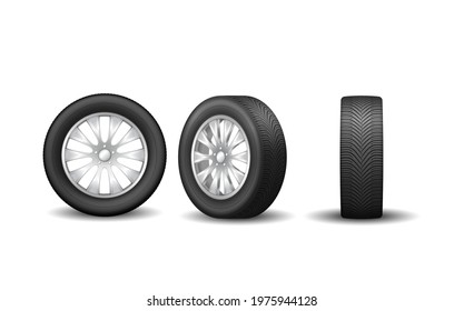 Auto rim wheel set, side and front view. Modern rubber tires and automotive alloy disks isolated realistic machine equipment. 3d vector illustration