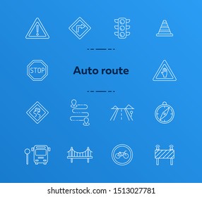 Auto route icons. Set of line icons. Bridge, traffic lights, stop road sign. Traffic concept. Vector illustration can be used for topics like navigation, travelling