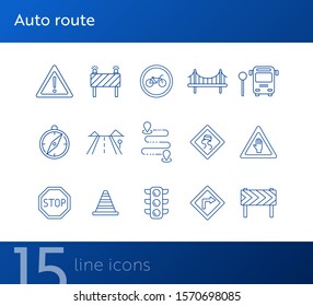 Auto route icons. Set of line icons. Bridge, traffic lights, stop road sign. Traffic concept. Vector illustration can be used for topics like navigation, travelling