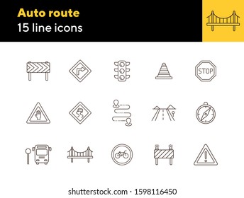 Auto route icons. Set of line icons. Bridge, traffic lights, stop road sign. Traffic concept. Vector illustration can be used for topics like navigation, travelling