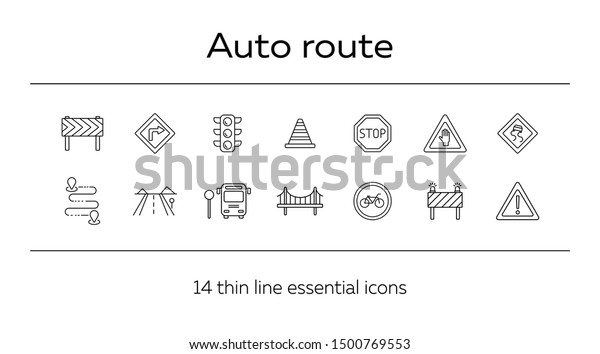 Auto route icons. Set of line\
icons. Bridge, traffic lights, stop road sign. Traffic concept.\
Vector illustration can be used for topics like navigation,\
travelling