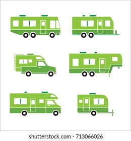 Auto RVs, Camper cars / camping vans, Truck Trailers, recreational vehicles icons, simple flat design clipart for app, ui, ux, web, button, interface pictogram elements isolated on white background