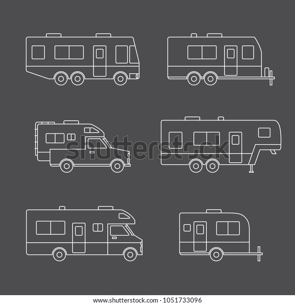 Auto\
RVs, Camper cars / vans, Truck Trailers, recreational vehicles\
vector linear icons, isolated on dark\
background